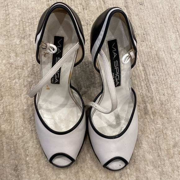 Via Spiga Shoes - Via Spiga White and Black Peep-Toe Heels